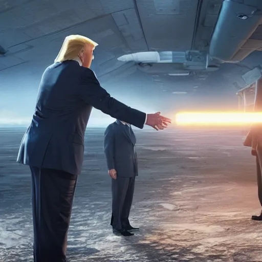 Image similar to movie still of trump selling nuclear secrets to putin, detailed, real, cinematic, dramatic lighting, octane render, weta digital, artstation trend, highly detailed and intricate, sharp focus, photography, unreal engine
