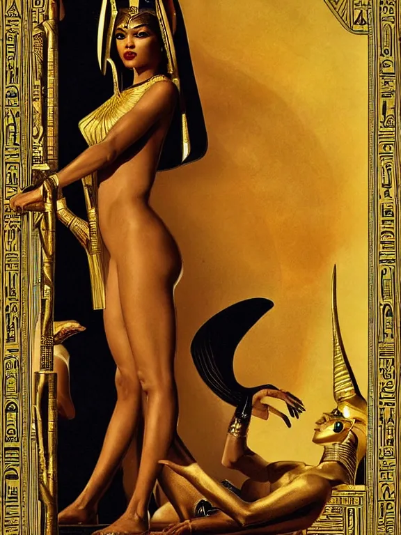 Prompt: zendaya as the Egyptian goddess Anubis the scales of life and death, a beautiful art nouveau portrait by Gil elvgren, Nile river environment , centered composition, defined features, golden ratio, gold jewelry