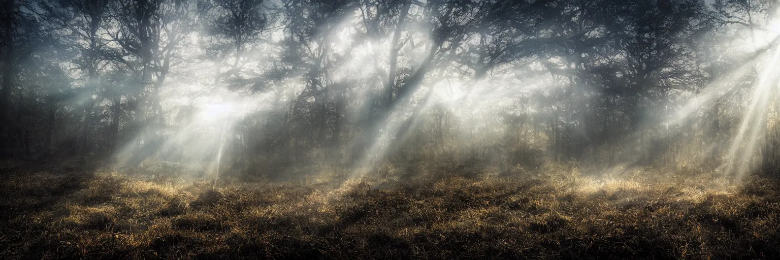 Image similar to planetary explosion, lost place photo, sunrays, mystic, mist, volumetric lights, wilderness, dirt, dramatic, cinematic, 8K, award winning photo,