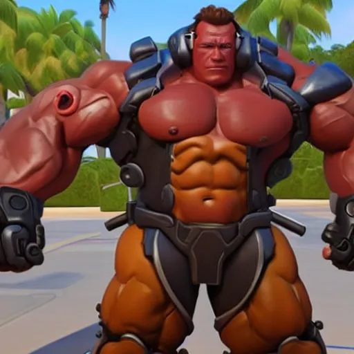 Prompt: a screenshot of arnold schwarzenegger as winston in overwatch