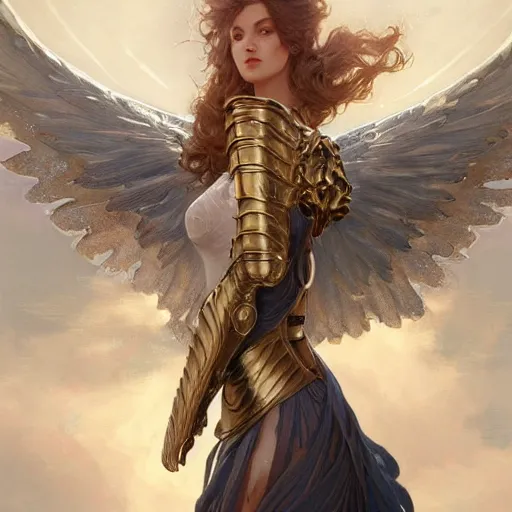 Image similar to A beautiful and fierce angel wearing fancy metallic battle armor and wings among heavenly clouds, intricate, elegant, highly detailed, digital painting, artstation, concept art, smooth, sharp focus, illustration, art by artgerm and greg rutkowski and alphonse mucha