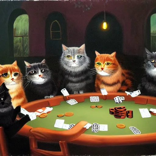 Image similar to a gang of cats playing poker at night