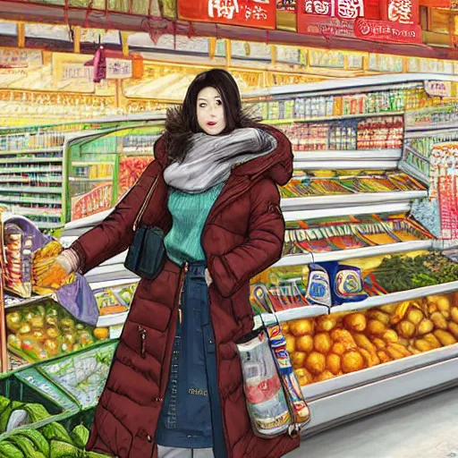 Image similar to the portrait a grocery young asia woman in down jacket, the background is a grocery store, winter, rural northeast an ultrafine hyperdetailed illustration by kim jung gi, irakli nadar, intricate linework, bright colors, octopath traveler, final fantasy, unreal engine 5 highly rendered, global illumination, radiant light, detailed and intricate environment