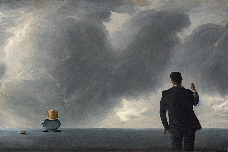 Prompt: the man looks at the storm in a teacup, hyperdetailed