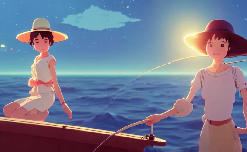 Prompt: a movie still from a space opera studio ghibli animation of a cute woman on a fishing boat wearing a sunhat, studio ghibli, pixar and disney animation, sharp, rendered in unreal engine 5, anime key art by artgerm and pascale campion, beautiful dramatic lighting