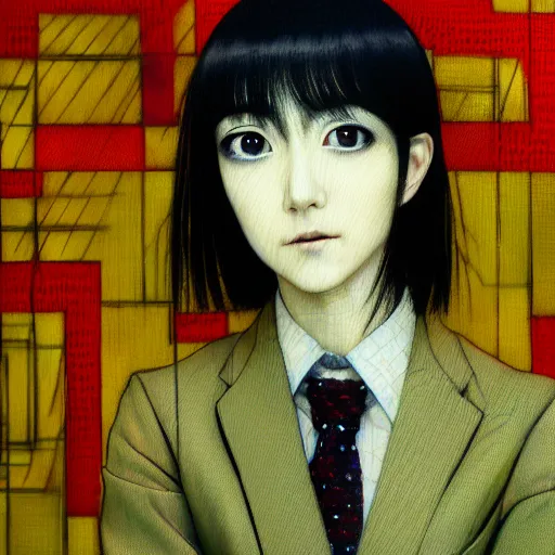 Image similar to yoshitaka amano blurred and dreamy realistic three quarter angle portrait of a young woman with short hair and black eyes wearing office suit with tie, junji ito abstract patterns in the background, satoshi kon anime, noisy film grain effect, highly detailed, renaissance oil painting, weird portrait angle, blurred lost edges