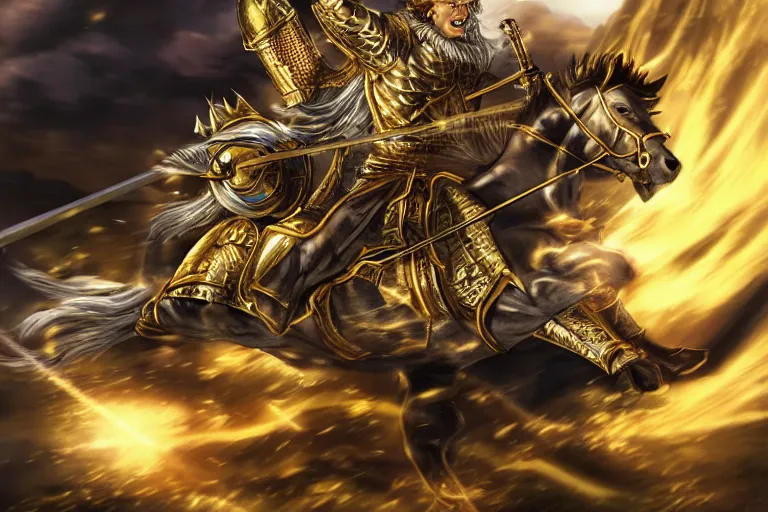 Image similar to an ultra detailed portrait of king richard the lionhearted as a shonen anime protagonist attacking riding a horse in gold armor, 8 k, volumetric lighting, in the style of disney, art by kentaro miura and akira toriyama