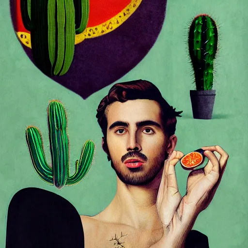 Image similar to Collage art, Young Spanish man, Art by Joshua Middleton, socks, Rene Magritte, underpants, Morrocan tiles, half a lime, cactus, succulent plants Chalk white skin, deep purple hair, Green eyes, Orange background, Mucha, Portrait of the man, surreal, ,carbon black and antique gold