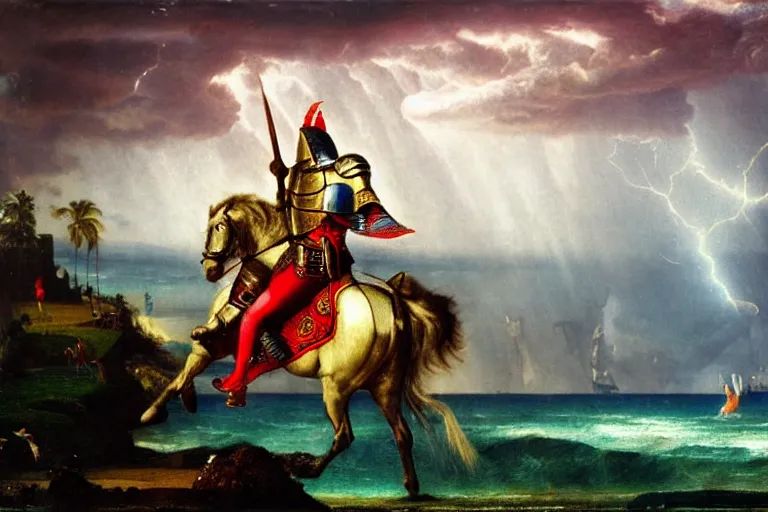 Image similar to Close-up of the Knight leaving the palace, refracted sparkles, thunderstorm, beach and Tropical vegetation on the background major arcana sky and symbols, by paul delaroche, hyperrealistic 4k uhd, award-winning, very detailed paradise