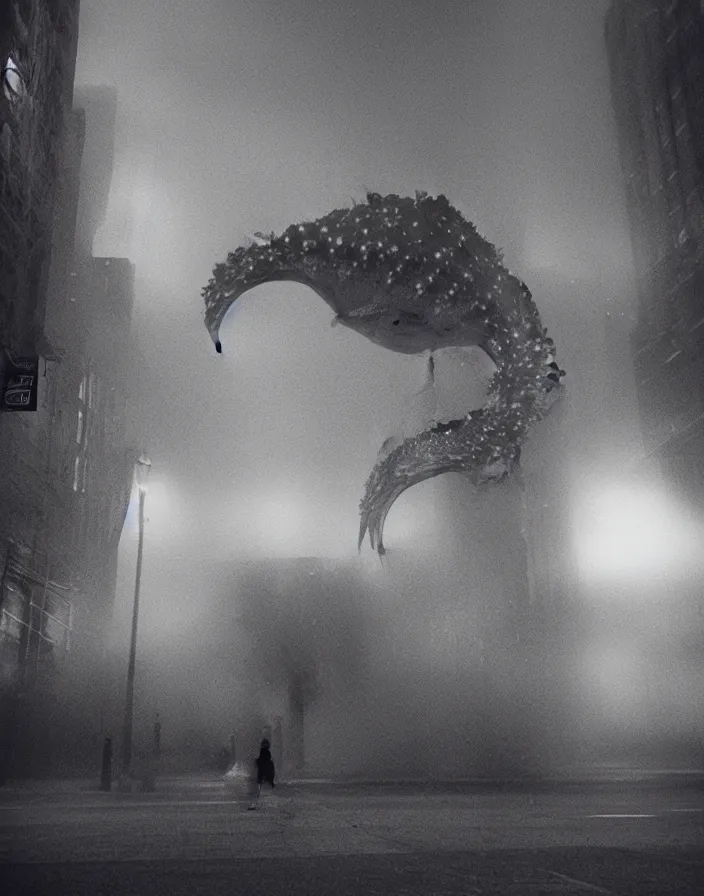 Image similar to very low - resolution found footage of a couple escaping in the city from a starfish kaiju monster, fog, foggy, korean film noir, monochrome, red hue, thriller, underdeveloped, epic, dramatic