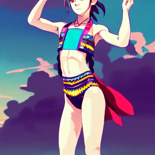 Image similar to a beautiful boyish emma watson alluring instagram model, wearing japanese hiphop aztec leotard outfit with mayan pattern and native style, aztec street fashion bathing suit, botw style, gapmoe yandere grimdark, trending on pixiv fanbox, painted by greg rutkowski makoto shinkai takashi takeuchi studio ghibli, akihiko yoshida