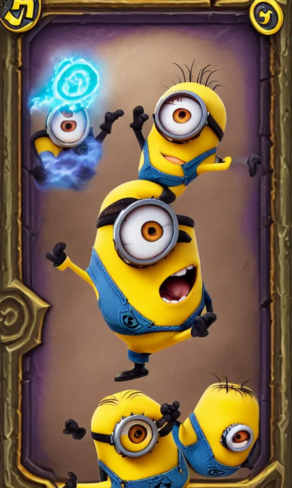 Image similar to hearthstone card with a usual border with atack and health depicting minions from despicable me.