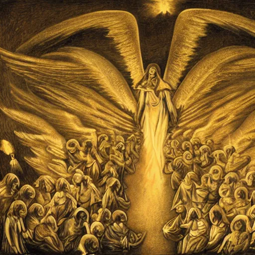 Prompt: angels descending through the golden rays of apocalypse