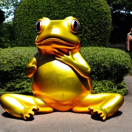 Image similar to people worship a huge golden frog statue