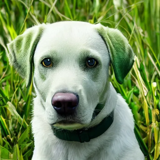 Prompt: a green labrador retriever mix with shaggy green fur and a glowing yellow eye in between its eyes bounding through a lush sea of deep grass