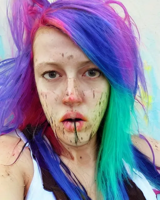 Prompt: realistic, full body shot, portrait of an attractive woman with rainbow hair, drunk, angry, soft eyes and narrow chin, dainty figure, long hair straight down, torn overalls, short shorts, combat boots, basic white background, side boob, wet shirt, wet, raining, low angle, very low angle, highly detailed face, realistic face, beautiful detailed eyes, fantasy art, in the style of greg rutkowski, illustration, epic, fantasy, intricate, hyper detailed, artstation, concept art, smooth, sharp focus, ray tracing, vibrant,