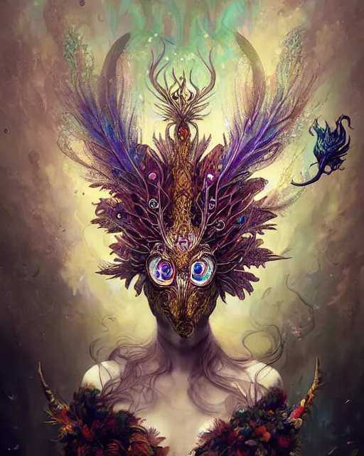 Prompt: intricately detailed dragon priestess mask adorning flowery horns and ancient peacock feathers, liquid smoke, shattered glass, underwater glow, peter mohrbacher, ismail inceoglu, james jean