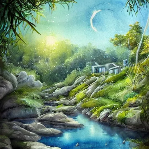 Image similar to beautiful happy picturesque charming sci - fi organic pod - like homes of the future in a beautiful natural scene. water, trees and rocks. beautiful light. soft colour scheme. beautiful artistic detailed watercolor by lurid. ( 2 0 2 2 )