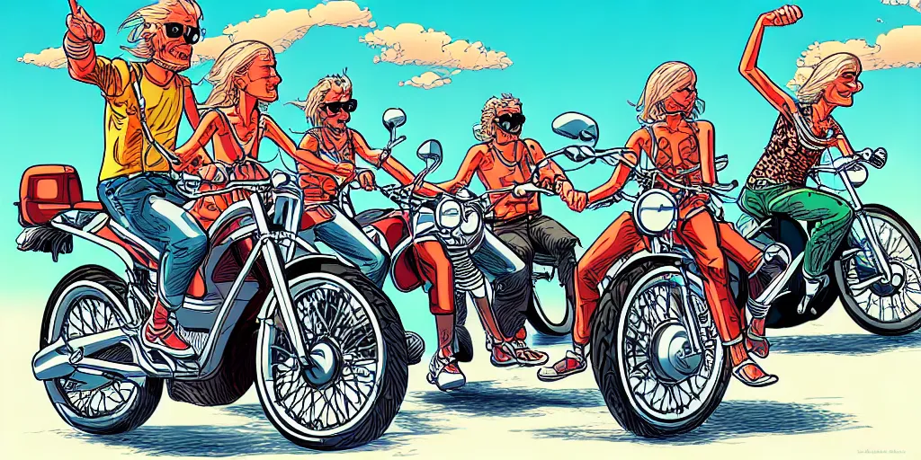 Image similar to four people riding on motorcycles in finland, summer, cartoon, moebius style, hyper - detailed