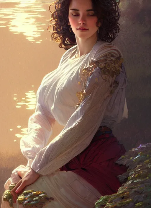 Image similar to full body portrait of a woman posing, short wavy hair, round face, cottagecore!!, inside water, intricate, enlightened, highly detailed, digital painting, artstation, concept art, smooth, sharp focus, illustration, art by artgerm and greg rutkowski and alphonse mucha