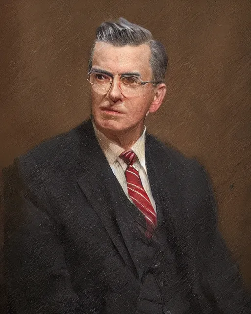 Prompt: portrait of a 1 9 5 2 united states president, who is a young man a scholarly appearance, detailed face, 2 0 th century, highly detailed, cinematic lighting, digital art painting by greg rutkowski