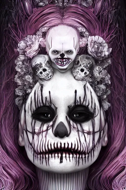 Image similar to portrait of a creepy clown girl skull. intricate abstract. intricate artwork. nightmare fuel. terrifying. by Tooth Wu, wlop, beeple, dan mumford. octane render, trending on artstation, greg rutkowski very coherent symmetrical artwork. cinematic, hyper realism, high detail, octane render, 8k, iridescent accents, black and white