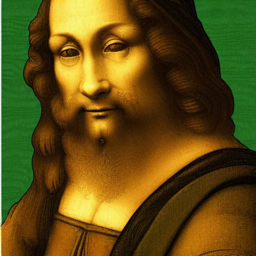 Image similar to portrait of leonardo da vinci in simple green background in the style of japanese cartoon and japanese wood print