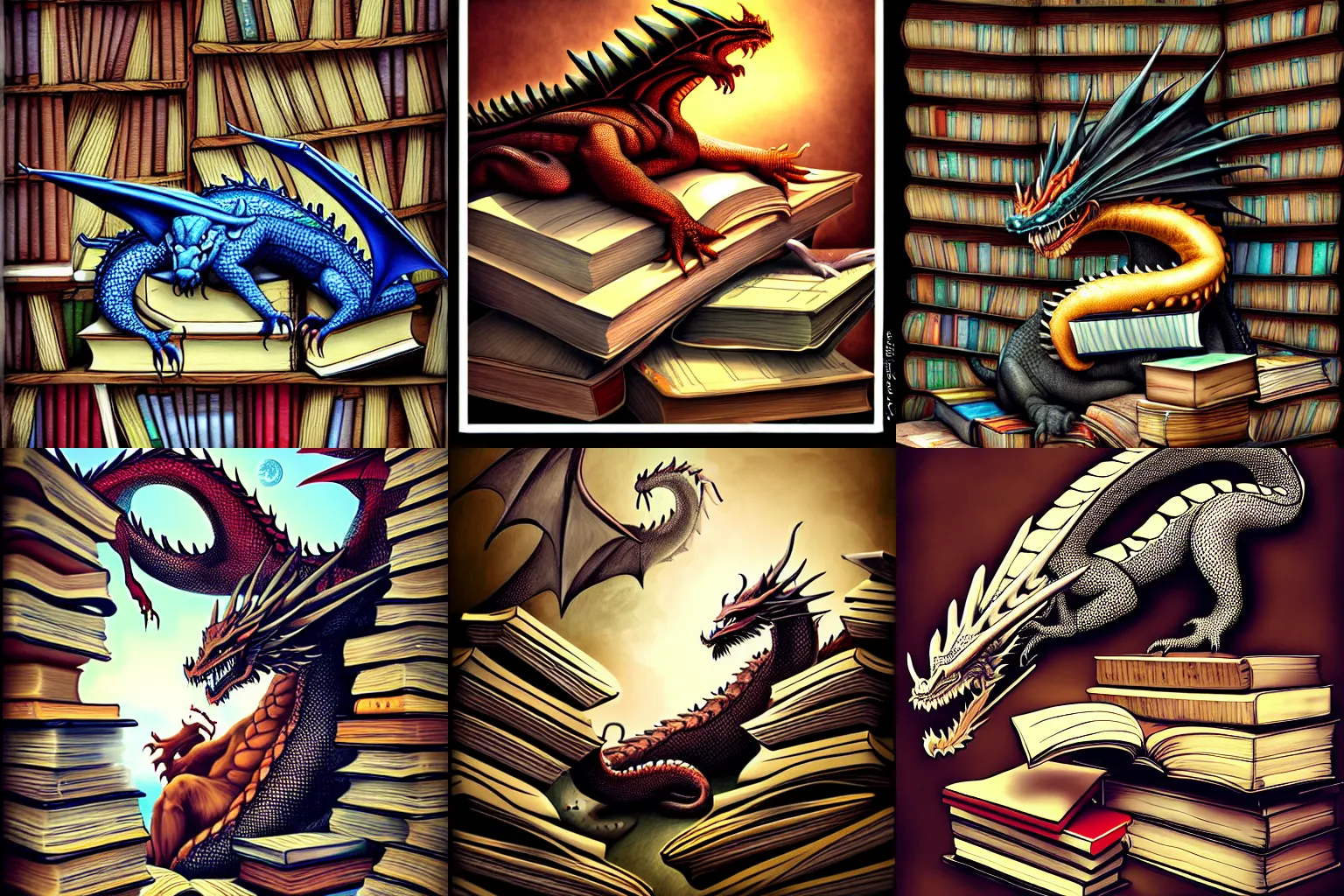 Prompt: A huge dragon sleeping on a hoard of books, by Randy Vargas