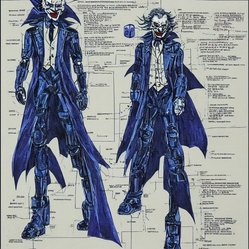 Image similar to blueprints for a robotic joker from the dark knight