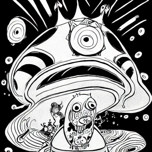 Image similar to black and white trippy comic art of a mutant pig wearing a gold crown fighting aliens, lots of particles, drawn by Martin Rowson, Tim Burton, Studio Ghibli, Alex Pardee, Nekro Petros Afshar, James McDermott, cgsociety 4K