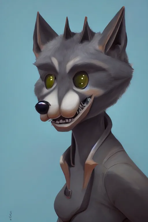 Image similar to oil painting of anthromorphic female wolf, in style of cory loftis, female fursona, furry, furaffinity, 4 k, deviantart, furry art, fursona art, wearing black business suit, business suit, in style of cory loftis, wolf fursona, cyberpunk, female, very expressive detailed feminine face,