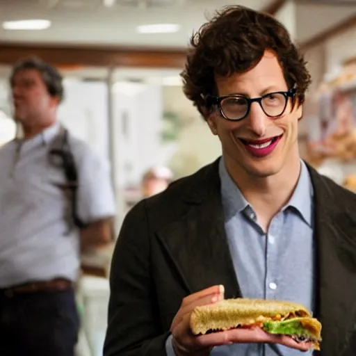 Prompt: andy samberg eating a sandwich