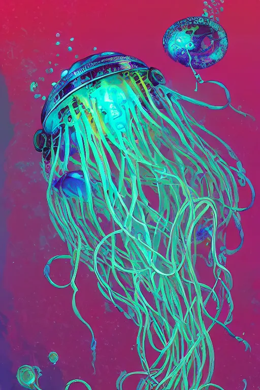 Image similar to a picture of mysterious colourful underwater jellyfish, being discovered by a man in a steampunk diving suit. water is deep aquamarine coloured. poster art by james jean, concept art, behance contest winner, very detailed, award - winning. lovecraftian, cosmic horror, bioluminescence.