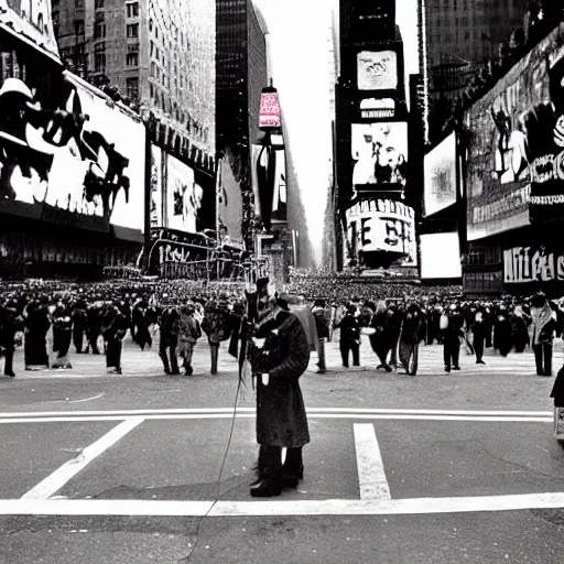 Prompt: Satanic States of America, alternate history, black mass Christmas, 1999 Christmas, Times Square, 1999 photograph