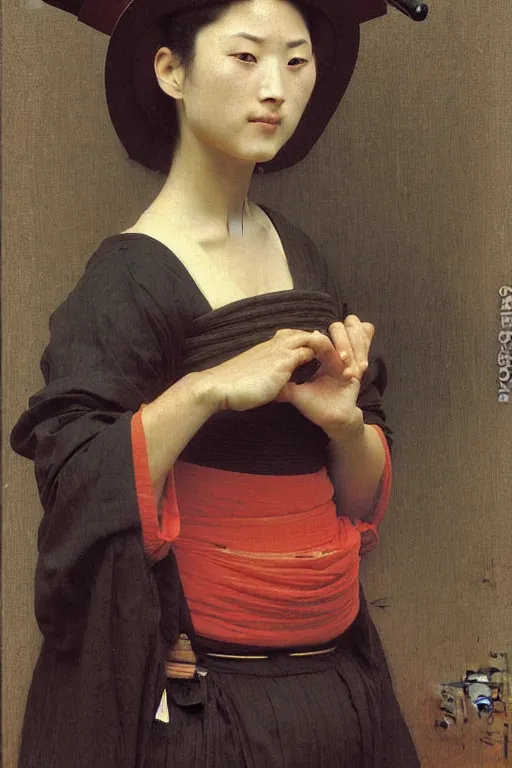 Image similar to portrait of a woman in samurai helmets, by bouguereau