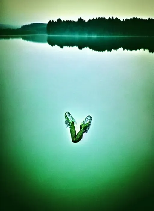 Image similar to “translucent frog amphibian vertically hovering above calm lake waters in jesus christ pose, distant meadow and misty forest horizon, low angle, long cinematic shot by Andrei Tarkovsky, paranormal, eerie, mystical”