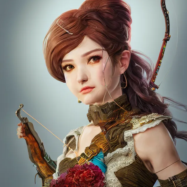 Image similar to the portrait of lawful neutral semi - colorful female archer socialite as absurdly beautiful, gorgeous, elegant, young gravure idol, an ultrafine hyperdetailed illustration by kim jung gi, irakli nadar, intricate linework, bright colors, octopath traveler, final fantasy, unreal engine 5 highly rendered, global illumination, radiant light, detailed and intricate environment