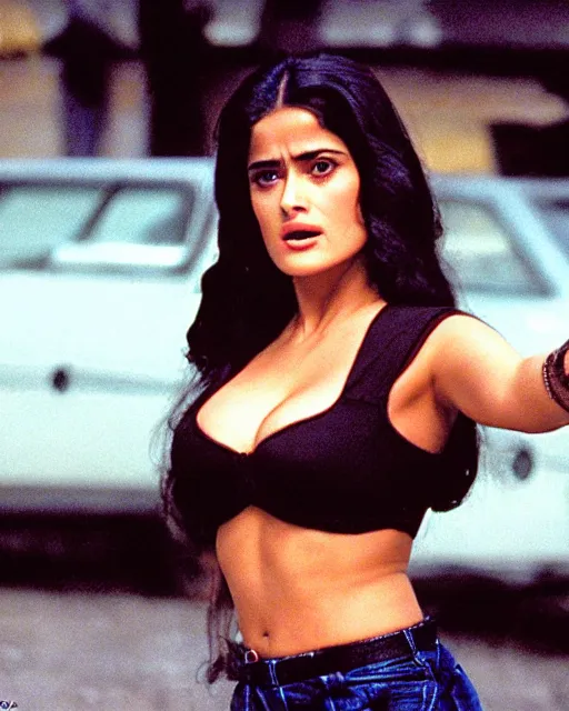 Image similar to film still of closeup portrait of young beautiful salma hayek in from dusk till dawn 1 9 9 6, octane, arney freytag, glamour pose,