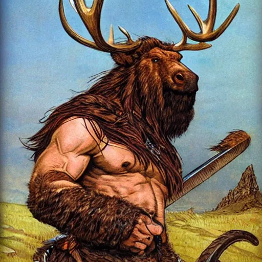 Prompt: hairy barbarian with moose head by wlop and franklin booth