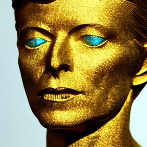 Image similar to Golden sculpture of David Bowie. Minimalism, high definition, perfect composition. Volumetric Lighting.