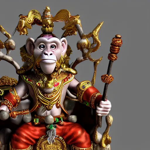 Image similar to monkey king godly lord of monkeys, wearing a crown, holding a staff, sitting in throne 8 k render high detail