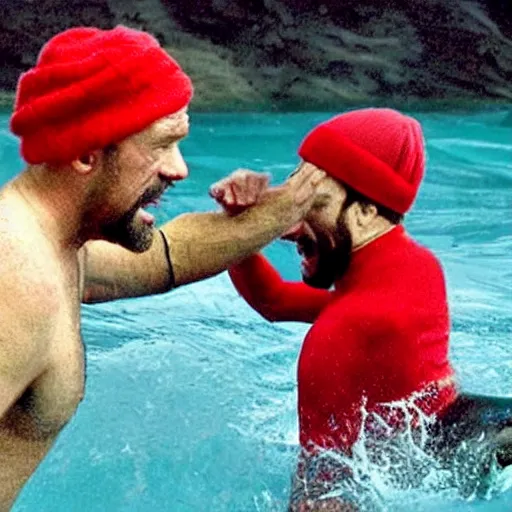 Image similar to steve zissou having a fist fight with a great white shark
