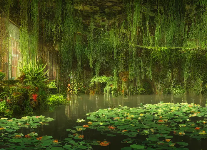 Image similar to A flooded ballroom overgrown with aquatic plants, flowers, lily pads, vines, majestic, dramatic lighting, digital art, trending on Artstation