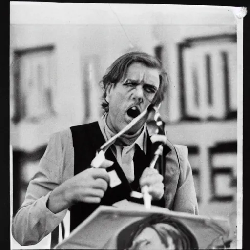 Prompt: Long shot of an angry austrian short man who failed art school with a toothbrush moustache giving a speech, black and white press photo