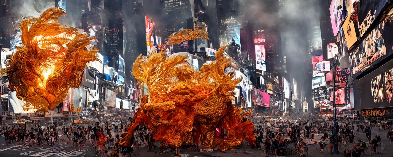 Image similar to 'Deamons unleashed in Times Square' by István Sándorfi royally decorated, whirling smoke, embers, gold encrustations , gilt silk torn fabric, radiant colors, fantasy, perfect lighting, studio lit, volumetric lighting, micro details, 3d sculpture,