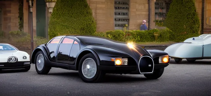 Image similar to a single bugatti type 5 7 sc atlantic and delorean hybrid, dslr, volumetric lighting