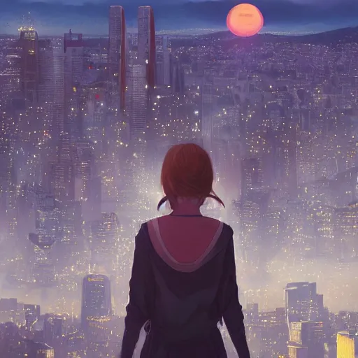 Image similar to melancholic girl wears a tokyo ghoul mask while looking at the city, incredible view of Santiago at dawn, illustration by Greg Rutkowski and Yoshitaka Amano