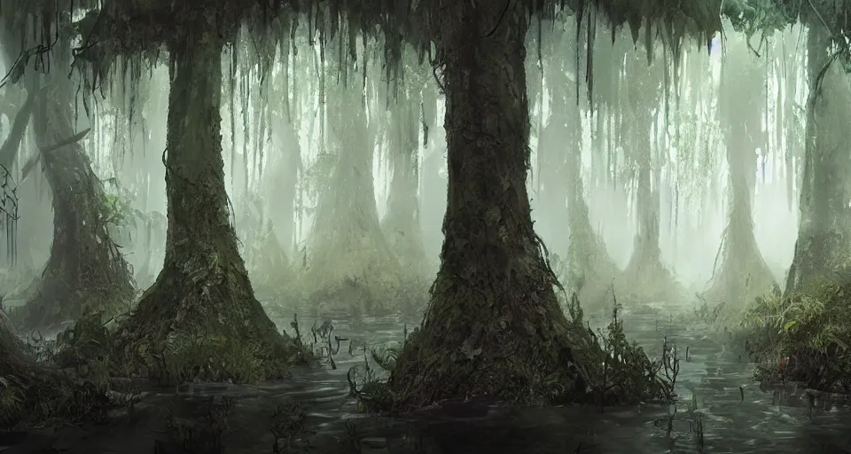 Prompt: A dense and dark enchanted forest with a swamp, by Pixar Concept Artists