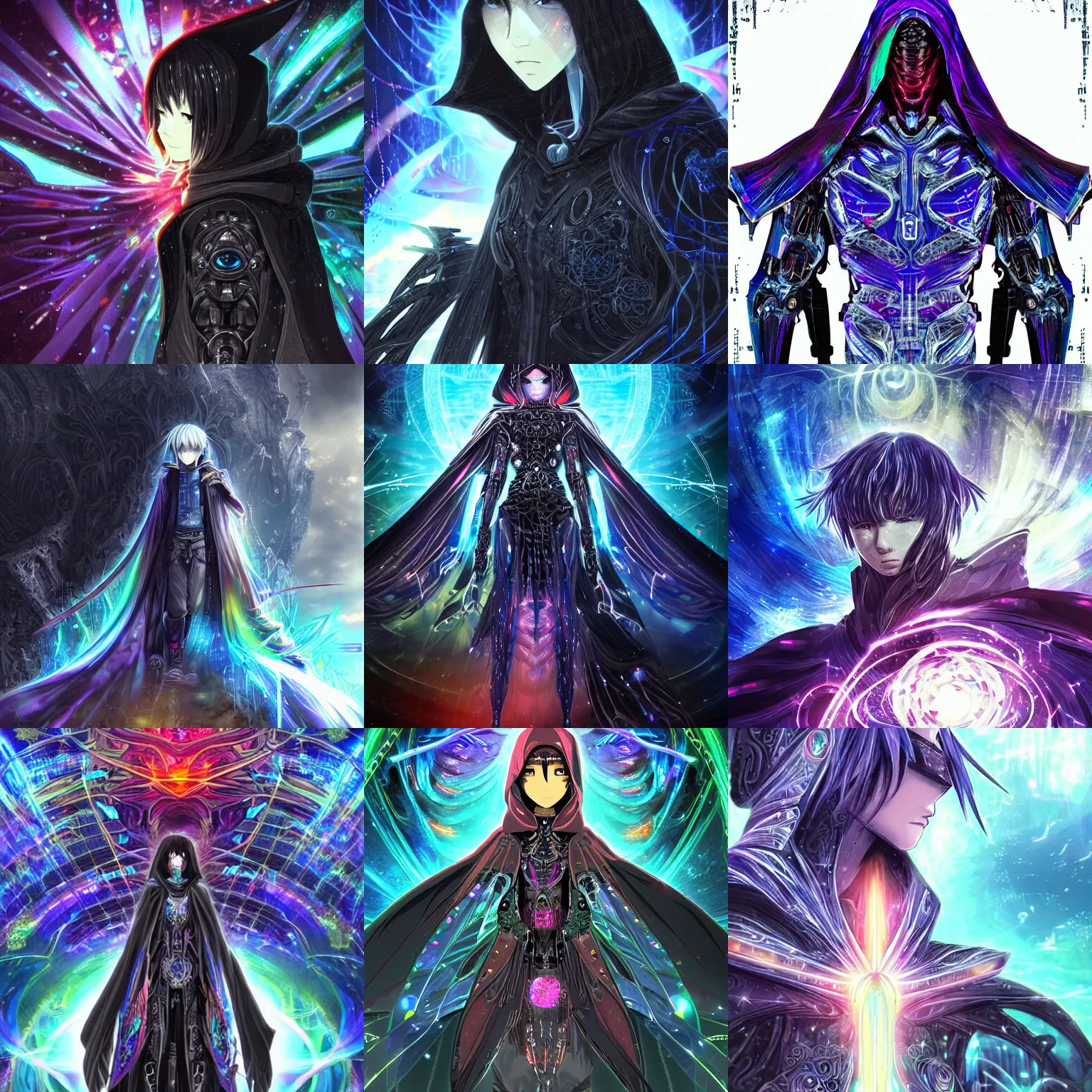 Prompt: Cloaked hooded complex cybernetic omnipotent being with a biological human face, anime CGI style, dark, intricate and embellished technological ominous warrior, anime in the style of Makoto Shinkai, animated, animation, detailed, rainbow sheen, brandishing iridescent legendary cosmic sword, crystals, iridescent opalescent pearlescent holographic epic megastructure background, moody