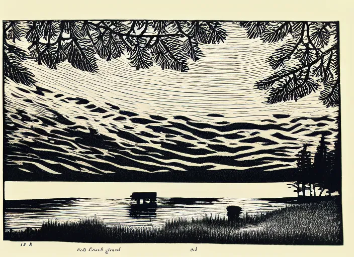 Image similar to an award winning Wood engraving on paper of The Canadian lakes